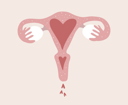 Female Uterus With Ovaries And Heart Symbol. The Concept Of Women S Love For Themselves And Their Genitals, Sex Education, Motherhood And Pregnancy. Flat Vector Icon, Illustration Isolated.