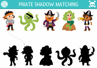 Fototapeta premium Pirate shadow matching activity. Treasure island hunt puzzle with cute pirates, mermaid, octopus. Find correct silhouette printable worksheet or game. Sea adventures page for kids.