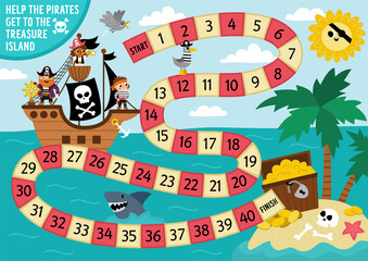 Pirate dice board game for children with cute pirate ship hunting treasure. Treasure island hunt boardgame with pirates, chest.  Sea adventures printable activity or worksheet.