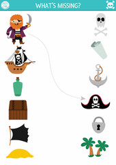 Pirate matching activity with cute marine symbols. Treasure hunt puzzle with ship, chest, flag, island, bottle, anchor. Match the objects game. Sea adventures match up printable page.