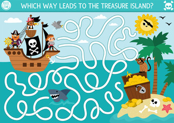Pirate maze for kids with marine landscape, ship, treasure island. Treasure hunt preschool printable activity with chest, coins, shark, sun, palm trees. Sea adventures labyrinth game or puzzle.