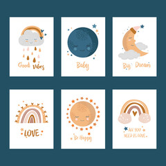 Scandinavian Style Kids Room Decoration. Cute Hand Drawn Unicorn, Rainbow and Cloud. Nursery Wall Art for Baby Boy And Baby Girl. Vector Illustration Set Ideal for Cards, Invitations, Posters.