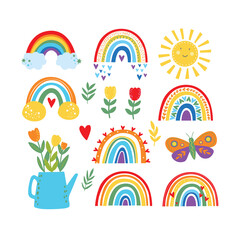 Colorful Scandinavian style rainbows for Baby shower, children's party. cute bright color rainbow vector symbol set. Summer cute clipart. Butterfly and flowers.