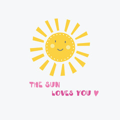 Cute Nursery Vector Art with Smiling Sun, Fluffy Cloud and Colorful Rain of Hearts Isolated on a Light Beige Background. Baby Shower Print ideal for Card, Wall Art, Poster, Kids Room Decoration.