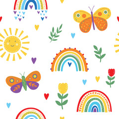Cute bright rainbow and butterfky seamless pattern design on white background. Summer pattern in yellow.