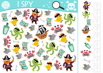Pirate I spy game for kids. Searching and counting activity with pirates, animals, birds. Treasure island hunt printable worksheet for preschool children. Simple sea adventure spotting puzzle.