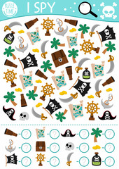 Pirate I spy game for kids. Searching and counting activity with pirate accessories and symbols. Treasure island hunt printable worksheet for preschool children. Simple sea adventure spotting puzzle.