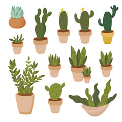 Cactus ser. Plant in pot iset, flat potted decorative houseplants for interior home or office decorat set.green garden floral collection icons isolated on white.