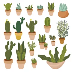 Stickers pour porte Cactus en pot Plantez dans un ensemble d& 39 illustrations vectorielles en pot, différentes plantes d& 39 intérieur décoratives en pot d& 39 intérieur pour la décoration intérieure de la maison ou du bureau.ion, icônes de collection florale de jardin vert isolées sur b