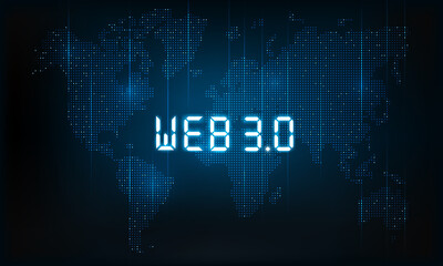 WEB 3.0 typography with world map hologram, vector illustration