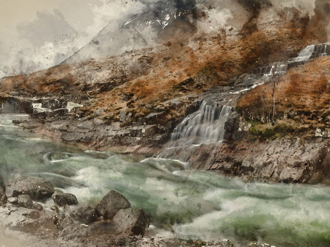 Digital watercolour painting of Stunning Winter landscape image of River Etive and Skyfall Etive Waterfalls in Scottish Highlands