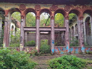 MOSCOW, RUSSIA - August 29, 2021: Ruins of the old soviet pavilion in Izmaylovo park, Moscow