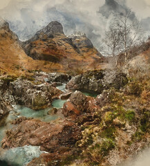 Obraz premium Digital watercolour painting of River Coe in Scottish Highlands landscape with Three Sisters mountains in background