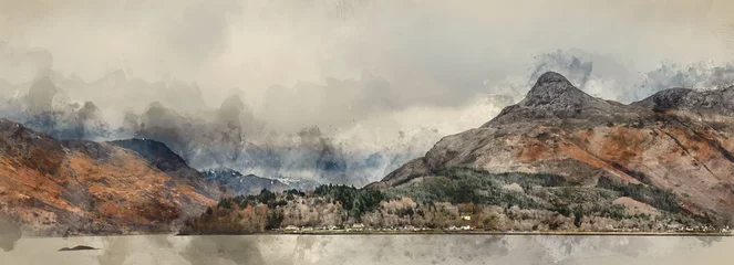 Stof per meter Cappuccino Digital watercolour painting of Stunning Winter landscape view along Loch Leven towards snowcapped mountains in distance with dramatic sky
