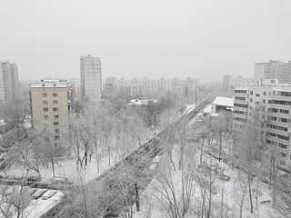 MOSCOW, RUSSIA - November 12, 2021: Living area covered with snow