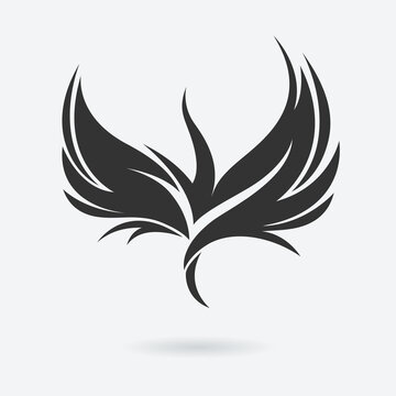 Stylized rising flying bird icon in grey color. Phoenix or Eagle image. Vector illustration. Works well as a tattoo, emblem, print or mascot.