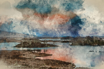 Naklejka na ściany i meble Digital watercolour painting of Loch Ba landscape in Scottish Highlands in Winter at sunset