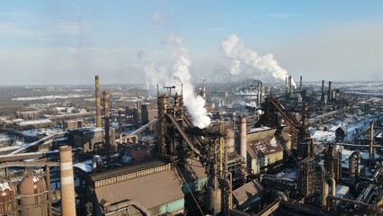 metallurgical plant smoke from chimneys industry drone photography