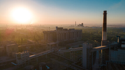 factory smoke from chimneys from a height panorama