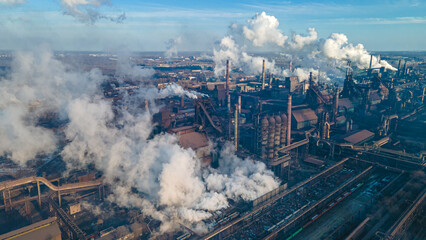 metallurgical plant smoke from chimneys industry drone photography