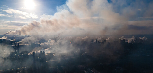 metallurgical plant smoke from chimneys industry drone photography