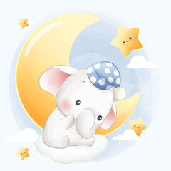Cute cartoon sleepy baby elephant wearing sleeping cap with small stars