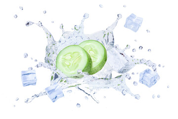 Cucumber slices with water splash isolated on white background.