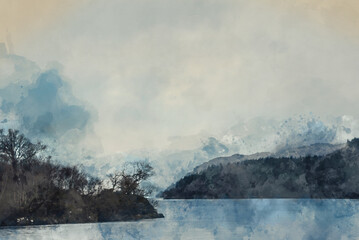 Digital watercolour painting of Beautiful Winter landscape image of view along Loch Lomond towards snowcapped mountain range in distance during blue hour