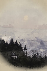 Digital watercolour painting of Gorgeous pastel Winter landscape image of moon setting behind mountain peak in Scottish Highlands at sunrise