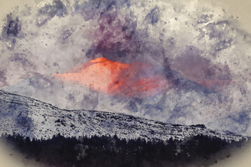Digital watercolour painting of Majestic Alpen Glow hitting mountain peaks in Scottish Highlands during stunning Winter landscape sunrise
