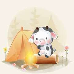 Cute little calves roasting marshmallow on campfire watercolor illustration