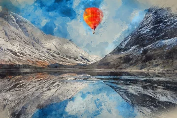  Digital watercolour painting of hot air balloons flying over Stunning Winter landscape image of Loch Achtriochan in Scottish Highlands © veneratio