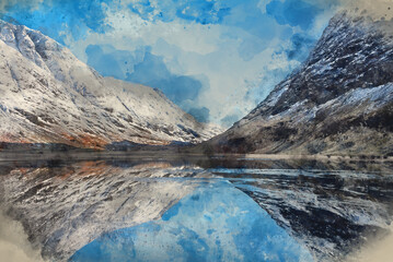 Digital watercolour painting of Stunning Winter landscape image of Loch Achtriochan in Scottish Highlands with stunning reflections in still water with crytal clear blue sky