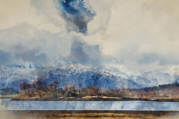 Digital watercolour painting of Beautiful Winter landscape view along Loch Leven in Scotland towards snowcapped mountains in distance with dramatic sky