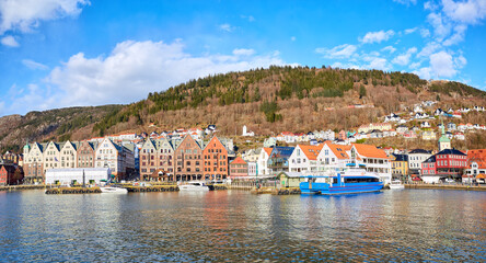 Fototapeta premium Panoramic view of historical wooden district Bryggen in Bergen, Norway