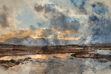Digital watercolour painting of Majestic Winter panorama landscape image of mountain range and peaks viewed from Loch Ba in Scottish Highlands with dramatic clouds overhead