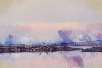 Digital watercolour painting of Loch Ba landscape in Scottish Highlands in Winter at sunset