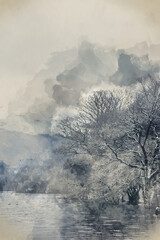Digital watercolour painting of Dramatic Winter landscape image of snow covered trees on shores of Loch Lomond with Ben Lomond mountain looming in background