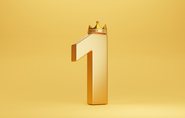 Golden number one with gold crown for champion or the winner on yellow background by 3d render.