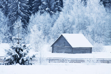 An old wooden hay barn in the middle of snowy winter landscape in Estonia