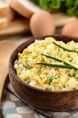 Egg salad in a wooden bowl
