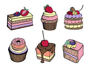 Sweet layered desserts and cakes. Vector set of sweets isolated on white background.