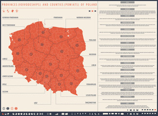 Infographic map of Poland with administrative division into 16 provinces (voivodeships) and counties (powiats)