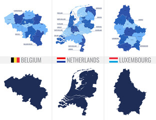 Map of the Benelux countries in blue colors on white background, with flags and icons - obrazy, fototapety, plakaty