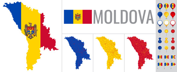 Moldova vector map with flag, globe and icons on white background