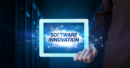 Person holding tablet, technology concept