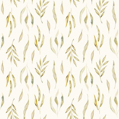 Watercolor seamless cozy pattern with dry and green leaves. Spring trendy background. Hand drawn Rustic style. For printing on paper, packaging, textiles, banners, valentine, march, easter, wedding.