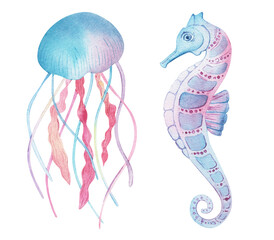 Sea animals set. Blue watercolor ocean fish and coral. Shell aquarium background. marine illustration, jellyfish, starfish. For Printing on postcards, packaging, fabric, design, textile.