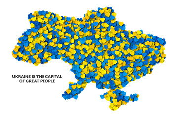 Vector Scattered Paper Yellow Blue Hearts In The Shape Of Ukraine Map Isolated On White Background. Ukrainian Border Contour In National Colours Banner. Ukraine Is The Capital Of Great People Poster