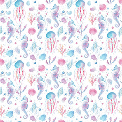 Watercolor kids seamless pattern. Jellyfish, seahorse, coral, shells illustrations. marine animals. For print, wear design, baby shower, kids cards, linens, wallpaper, textile, fabric.